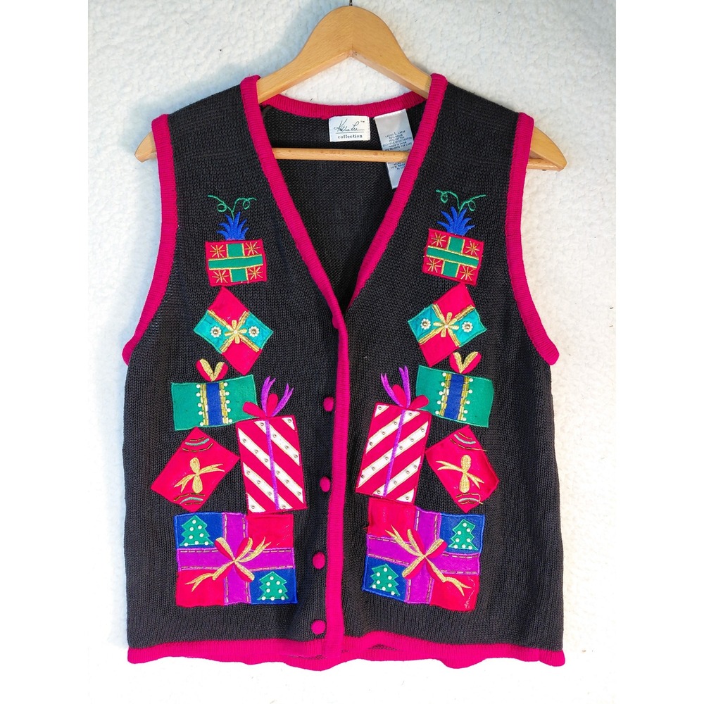 Vintage Kathie Lee Christmas Sweater Vest Black Pink Gift Box Embroidered Large